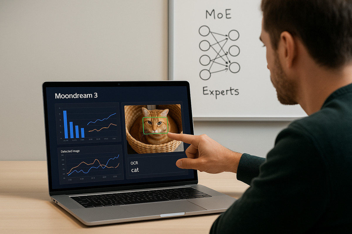 В современном офисе исследователь работает с дашбордом «Moondream 3»: на ноутбуке видны графики, пример детекции объекта и распознавания текста (OCR), а на белой доске — схема Mixture-of-Experts. Сцена подчёркивает идею превью: быстрое визуальное мышление, структурированный вывод и эффективная архитектура MoE в компактной модели.