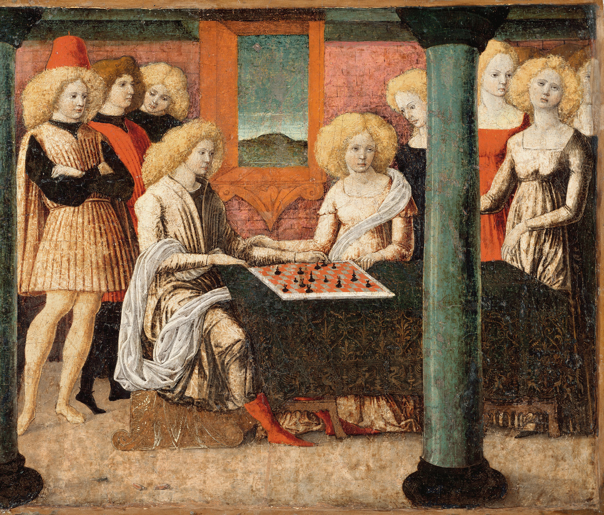 Игра в шахматы
Исторически, в западных шахматах белые фигуры противостояли красным. Однако к концу Средневековья красные начали уступать место черным. Эта изысканная панель кассона, украшавшая свадебную комнату, отражает переходный период: на ней еще видны красно-белые поля, но уже присутствуют черные фигуры.
Написанный кассон приписывают Liberale da Verona, ок. 1470-75. Нью-Йорк, Музей Метрополитен.