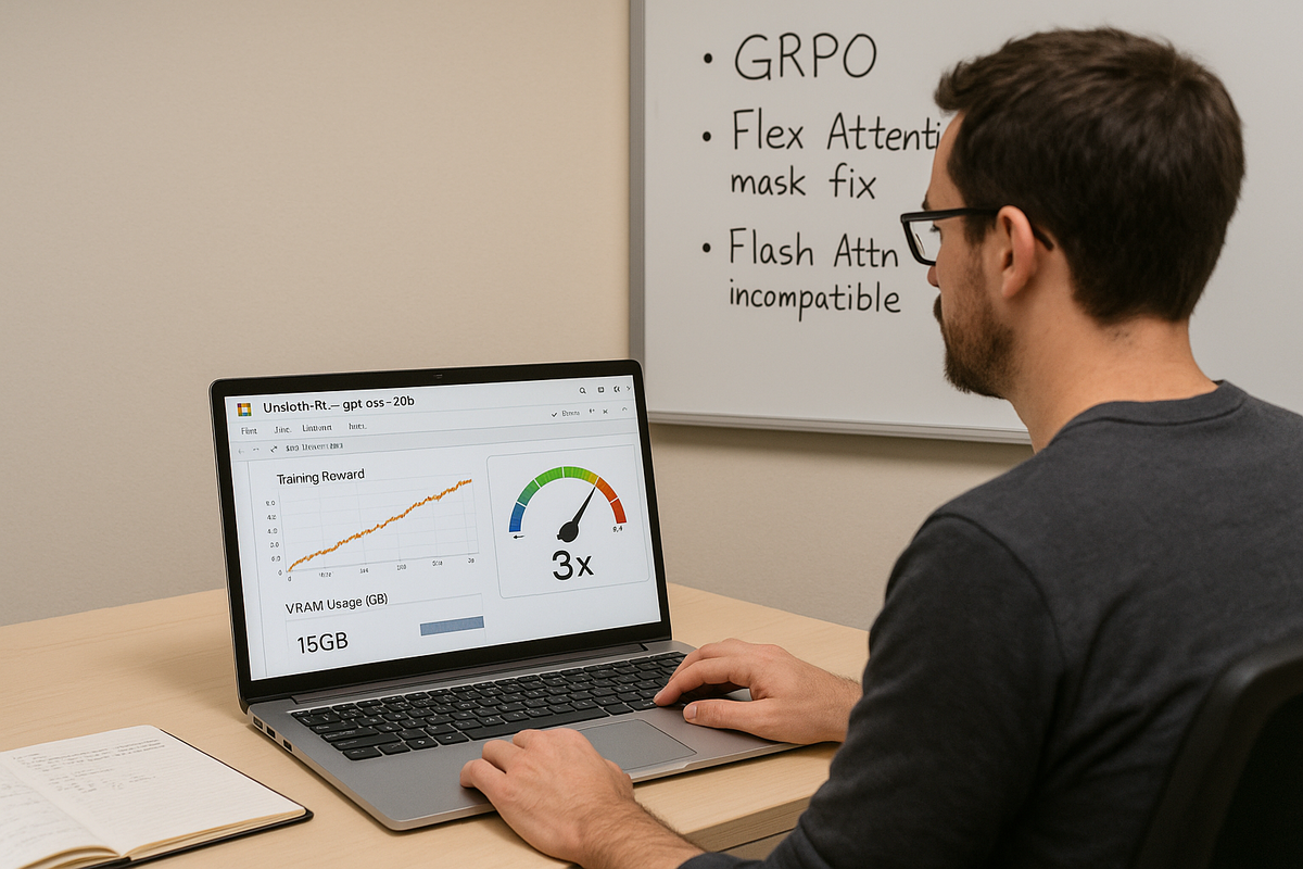 Исследователь запускает обучение с подкреплением gpt-oss-20b в Colab: на экране видно рост «Training Reward», индикатор «3×» и подпись «VRAM 15 GB». На белой доске рядом — пометки «GRPO», «Flex Attention mask fix», «Flash Attn 3 incompatible». Сцена подчёркивает идеи Unsloth: быстрый инференс, экономия видеопамяти и практичные инструменты для RL.