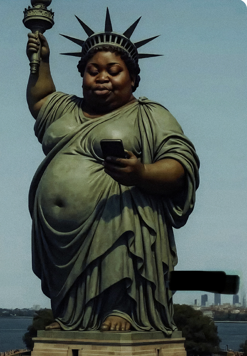 Черная статуя свободы. Фотомонтаж из открытого американского источника