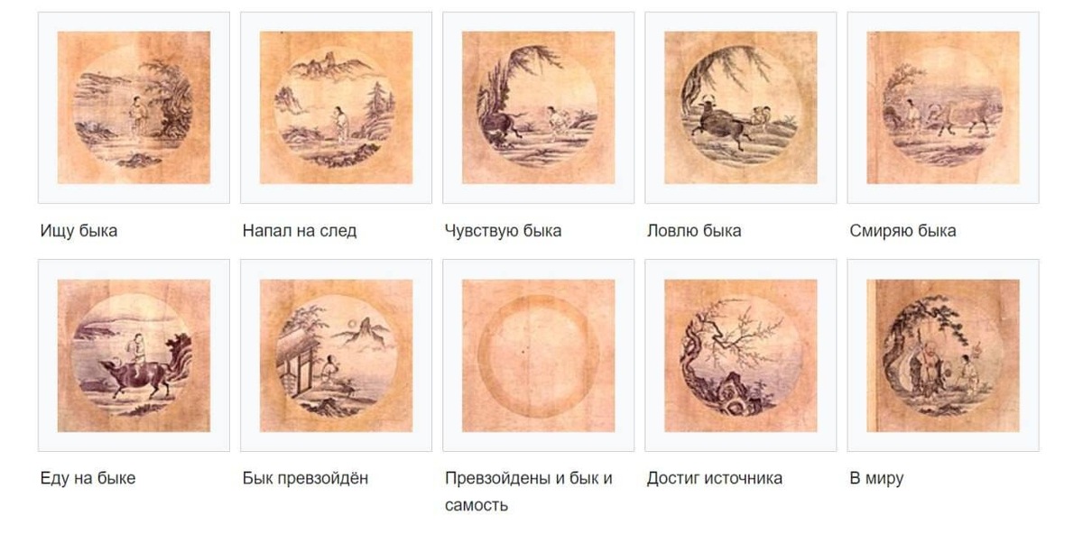 Десять Быков Дзен представляют собой десять шагов к полному раскрытию жизни, и каждый выражен в стихах, прозе и в картинках. В них есть удивительное качество — быть земными и реалистичными, и в то же время передавать запредельное. Эти символы, выражающие человеческий поиск, способны создать пространство для бесконечного творчества.