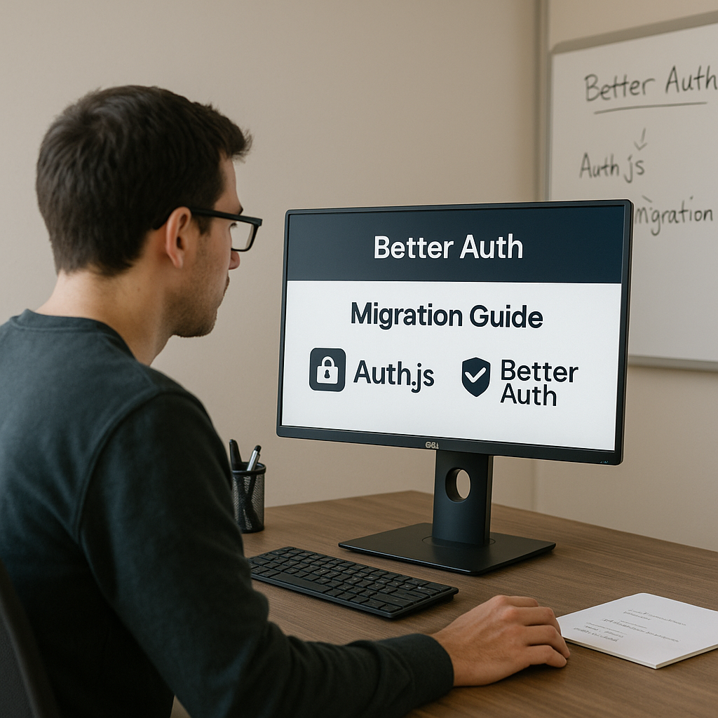 В светлом офисе разработчик просматривает «Migration Guide» на экране: слева панель Better Auth, справа — шаги перехода с Auth.js. На белой доске — стрелка от «Auth.js» к «Better Auth». Сцена подчёркивает смысл новости: текущие проекты на Auth.js продолжают работать, но для новых рекомендуют Better Auth и уже есть готовые инструкции по миграции.