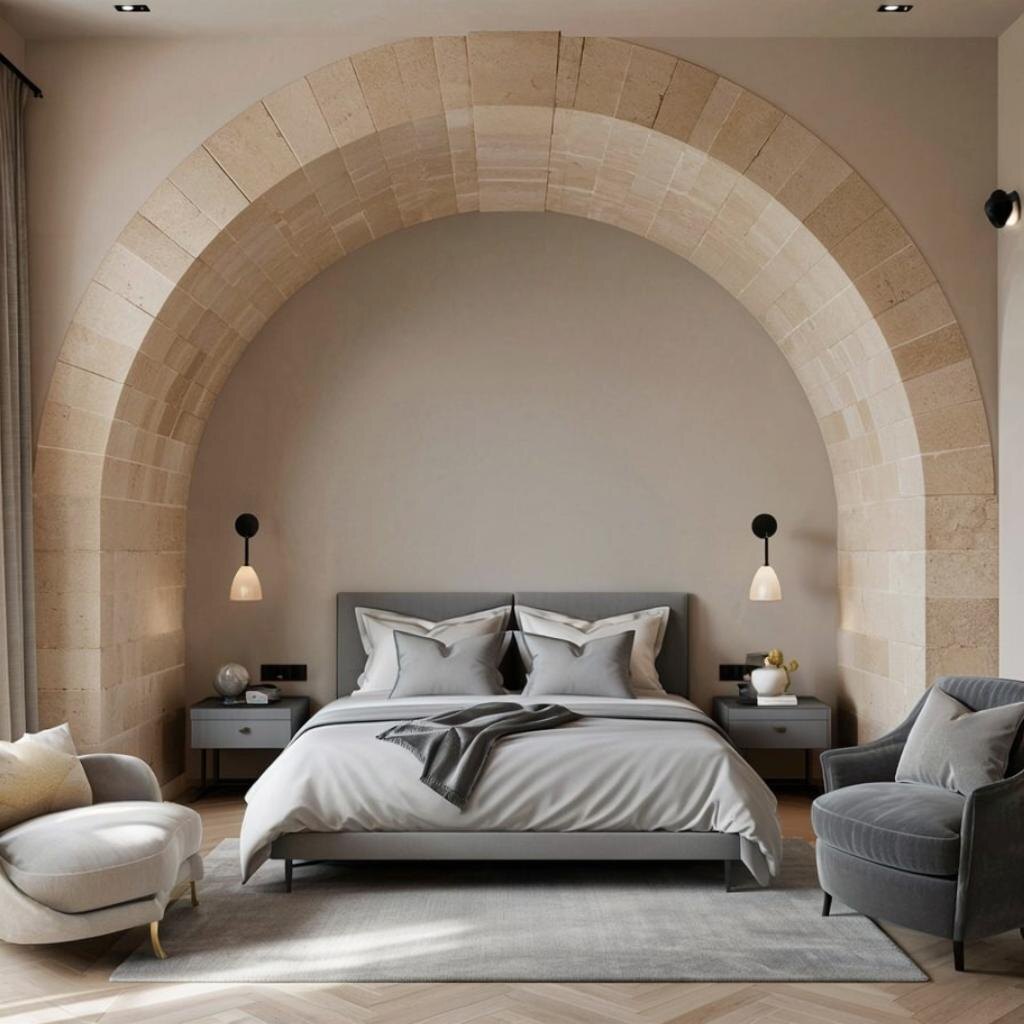 Спальная комната, оформленная низким сводом из натурального песчаника 🌸🏜️. Уникальная арка гармонически сочетается с общим дизайном интерьера в теплых оттенках бежевого и серого цветов.