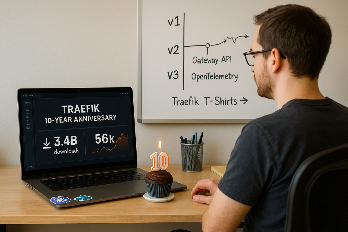 Домашний офис в тёплом свете: разработчик смотрит на ноутбук с экраном «Traefik — 10-летие», рядом — кекс с свечой «10». На белой доске — вехи v1 → v2 (Gateway API), v3 (OpenTelemetry) и метрики «3.4B downloads / 56k★». Кадр подчёркивает путь Traefik от инструмента для контейнеров до стандарта маршрутизации в облаке и праздничное настроение юбилея.