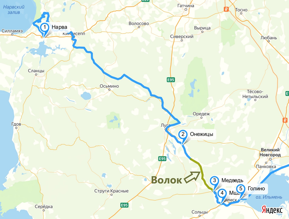 Рис.2. Водный маршрут из Нарвы в Новгород и далее, описанный Иоганом Кильбургером (4, с183-184). 