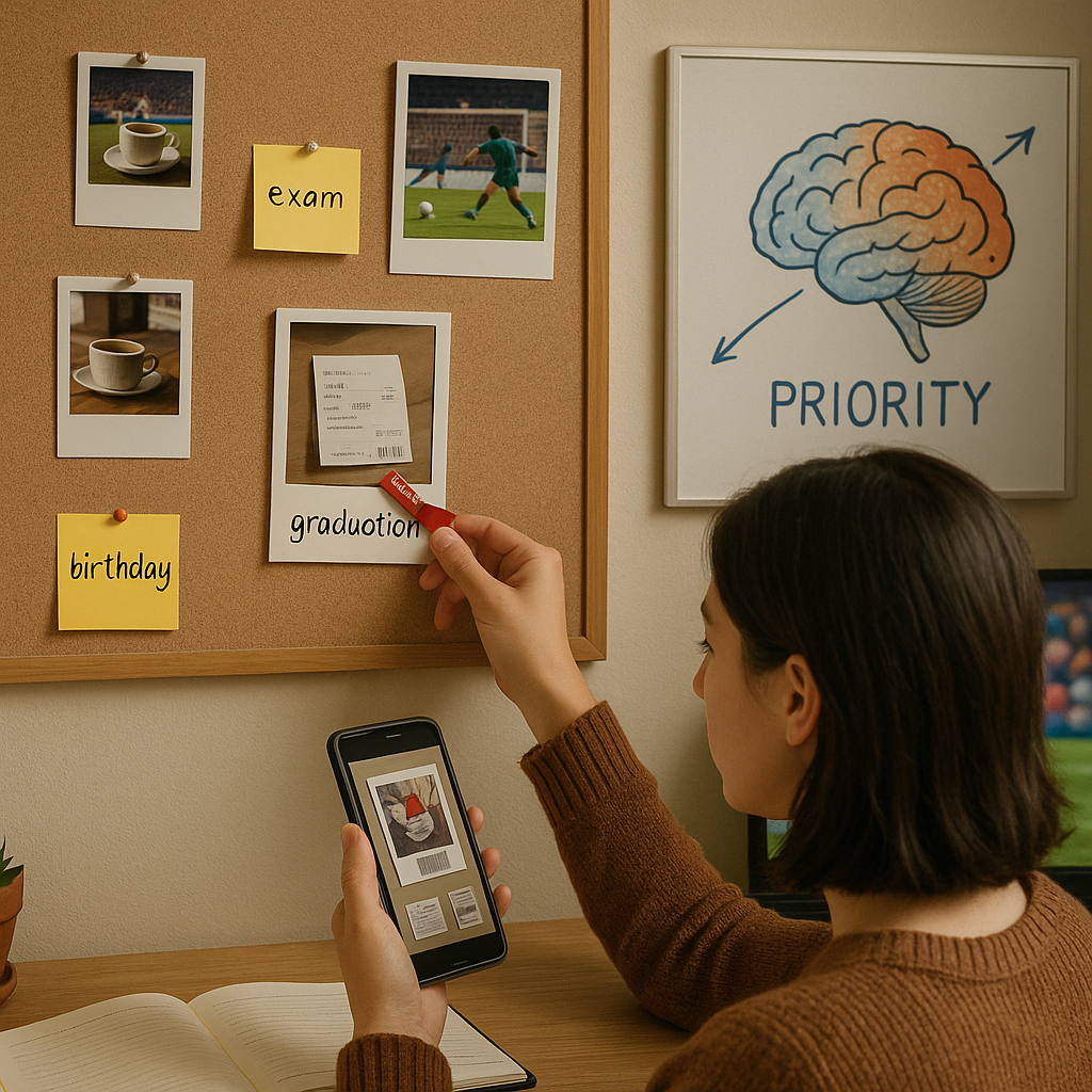 Тёплая домашняя сцена: человек перебирает снимки на пробковой доске — рядом записки «exam», «birthday», а в телефоне открыт кадр с выпускного. На стене — рисунок мозга с подписью «PRIORITY». Кадр иллюстрирует вывод BU: «слабые» повседневные моменты лучше запоминаются, когда связаны с сильным эмоциональным событием и попадают в приоритетную обработку памяти.