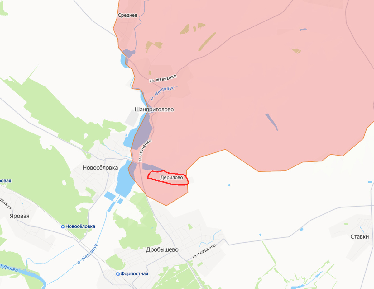 Красным контуром - освобождённое село Дерилово.