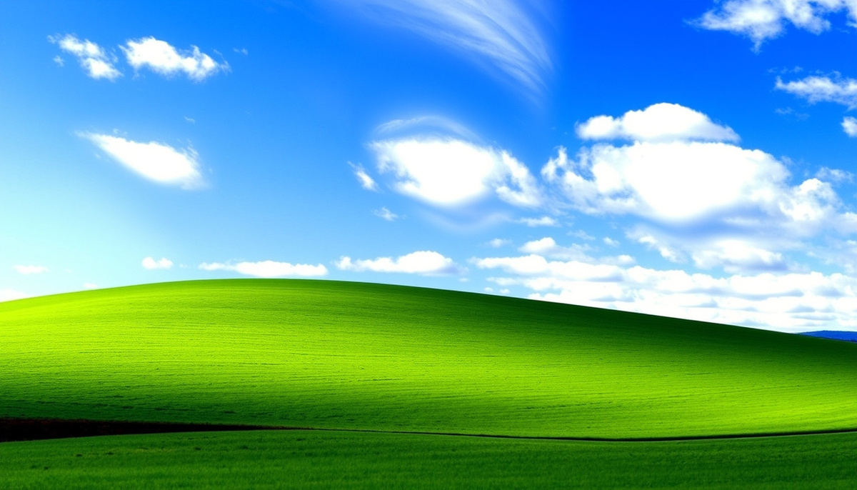    Поле с зеленым холмом и синим небом в солнечном свете.