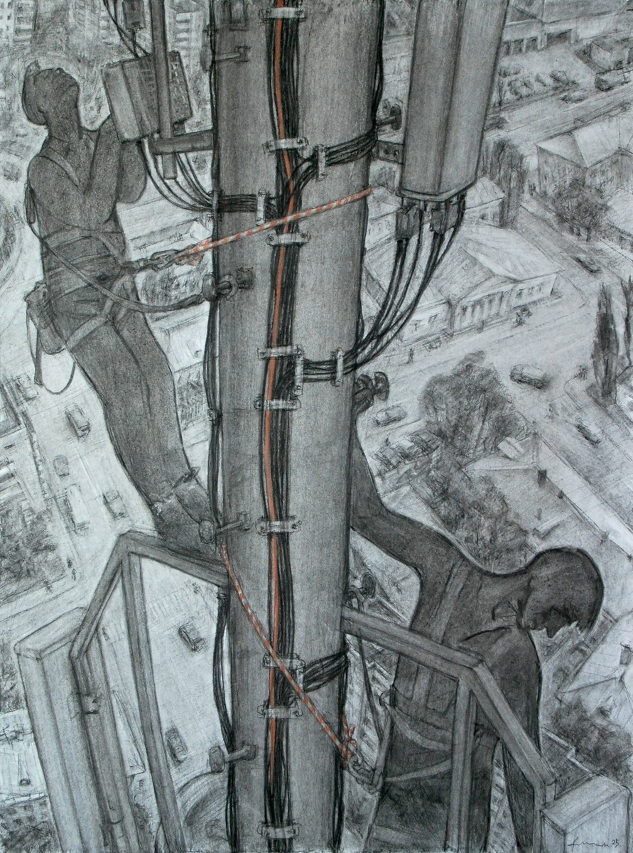 Иванищев Роман. Высотники. 2025 г. Ватман/уголь, сангина. 80х60 см.