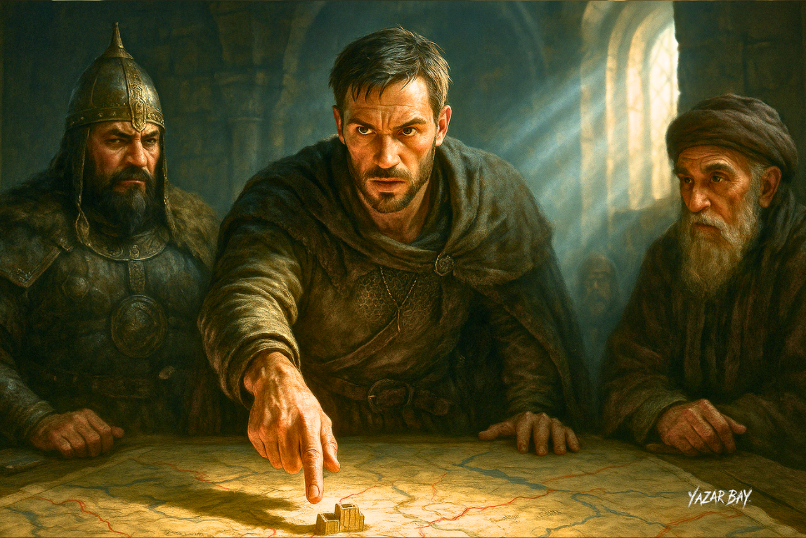 В тронном зале Айдар, убеждает своих соратников в необходимости дерзкого рейда, чтобы спасти последнюю наследницу хазарского престола. ©Язар Бай