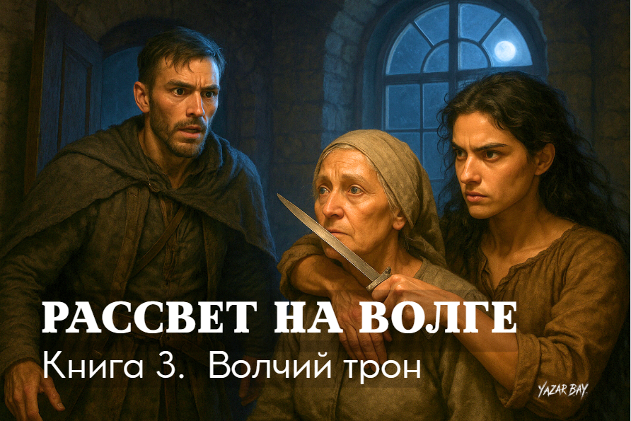 Айдар, ворвавшись в башню, чтобы спасти хазарскую княжну, замирает в изумлении — гордая девушка встречает его, приставив кинжал к горлу служанки-заложницы. ©Язар Бай.