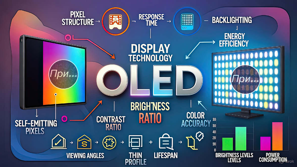 Титульная иллюстрация к статье Олега Лубски "OLED, LED и всё такое" | © авторы коллажа — Grok и Олег Лубски 2025