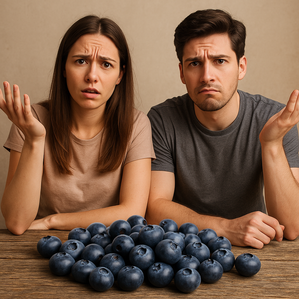 Спелая черника крупным планом на деревянном столе, за ягодами сидят девушка и парень с удивлёнными лицами и поднятыми руками