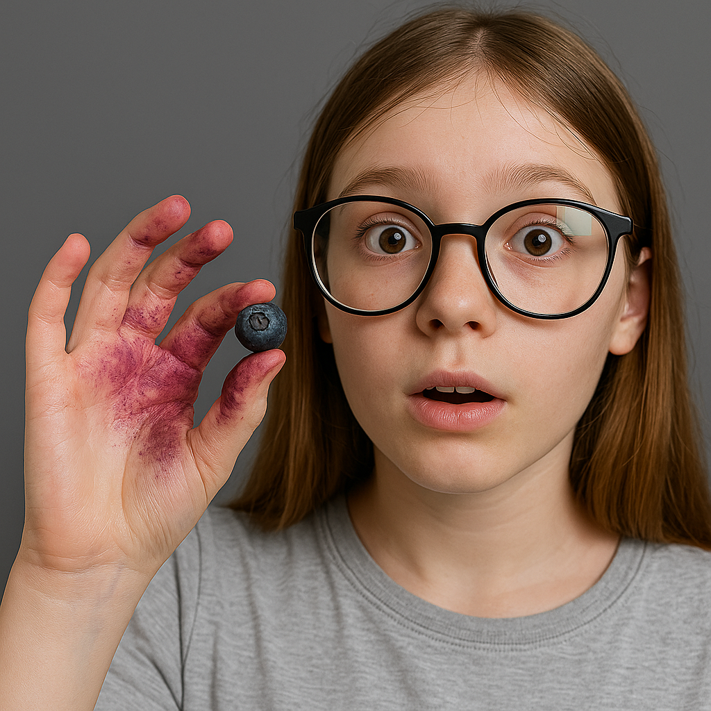 Подросток в больших очках с удивлённым выражением лица держит в руке ягоду черники, пальцы испачканы фиолетовым соком