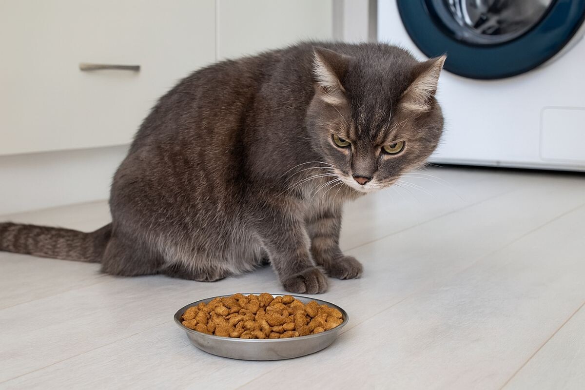 Кот рядом с миской 