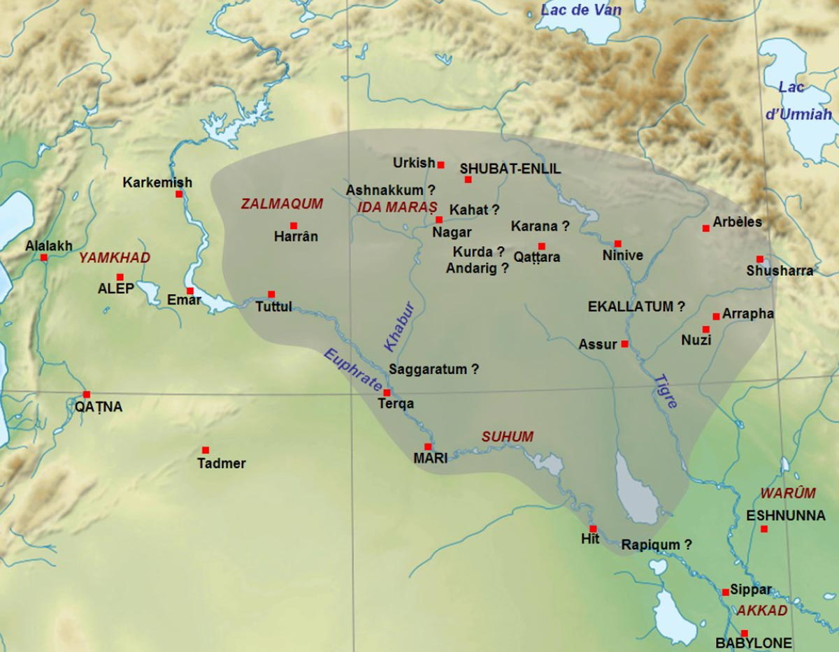 Карта, изображающая наибольшую территорию империи Шамши-Адада I, около 1776 г. до н. э. Источник: Wikimedia Commons