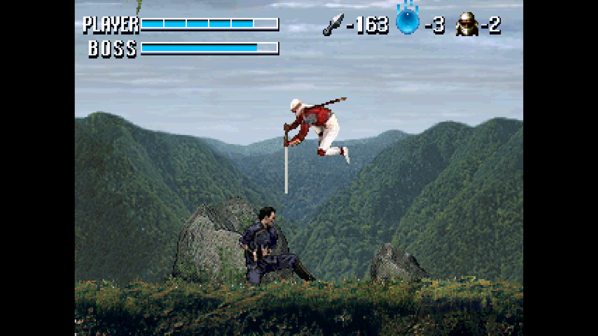 Удар в прыжке. Скриншот. Shinobi Legions. 1995. Разработчик: Sega, Tose Software