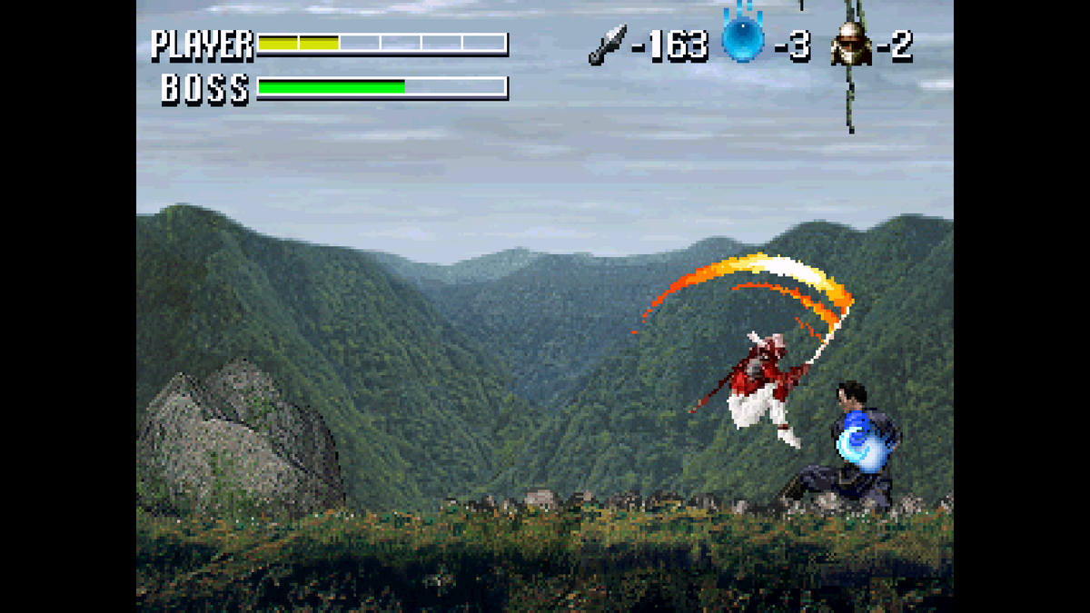 Удар катаной с двойного прыжка. Скриншот. Shinobi Legions. 1995. Разработчик: Sega, Tose Software