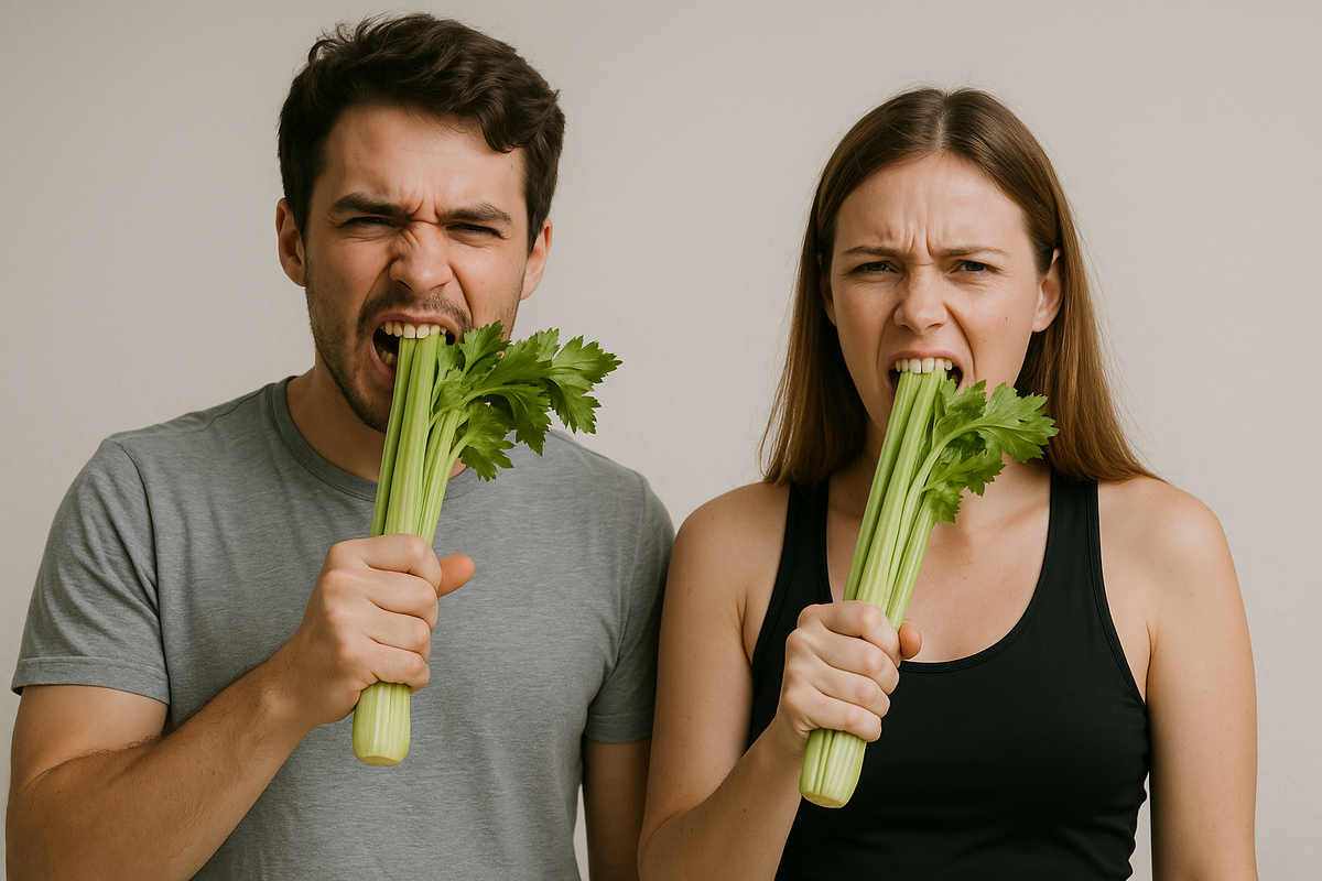 Парень и девушка с серьёзными лицами жуют свежий пучок сельдерея, держа его в руках