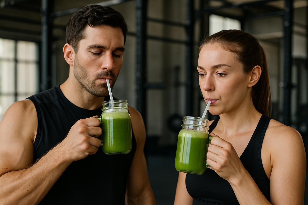 Мужчина и женщина в спортивной форме в спортзале пьют густой зелёный сельдерейный сок из банок со трубочками