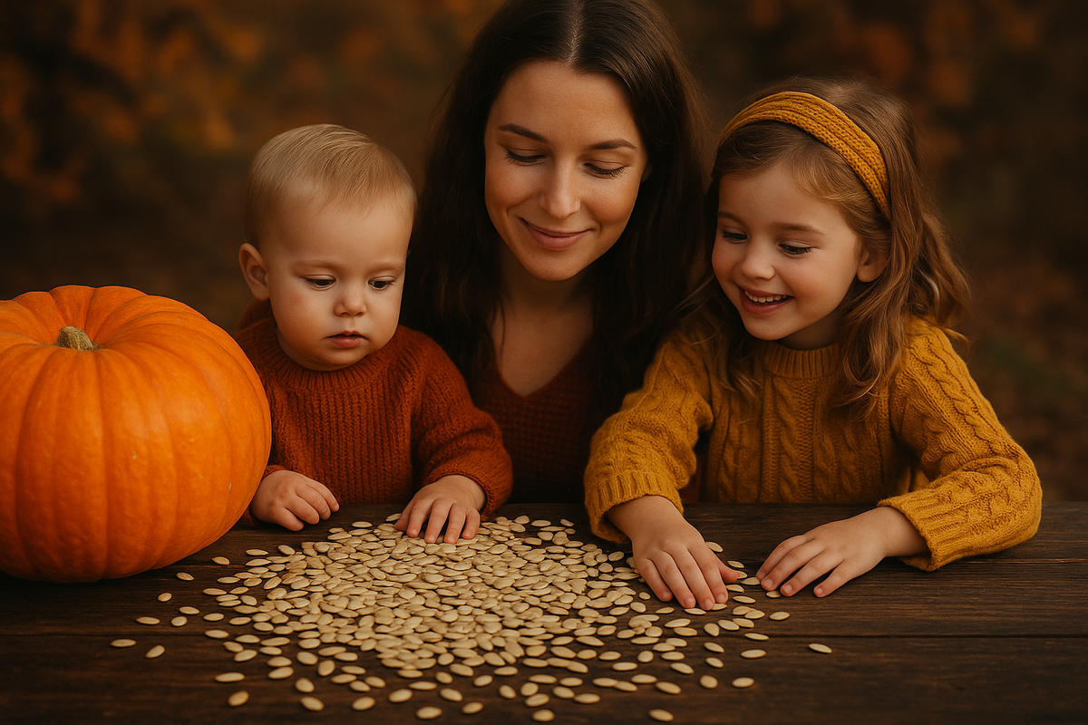 молодая женщина с двумя детьми сидит за деревянным столом, рядом большая тыква и россыпь тыквенных семечек крупным планом, осеннее тёплое настроение