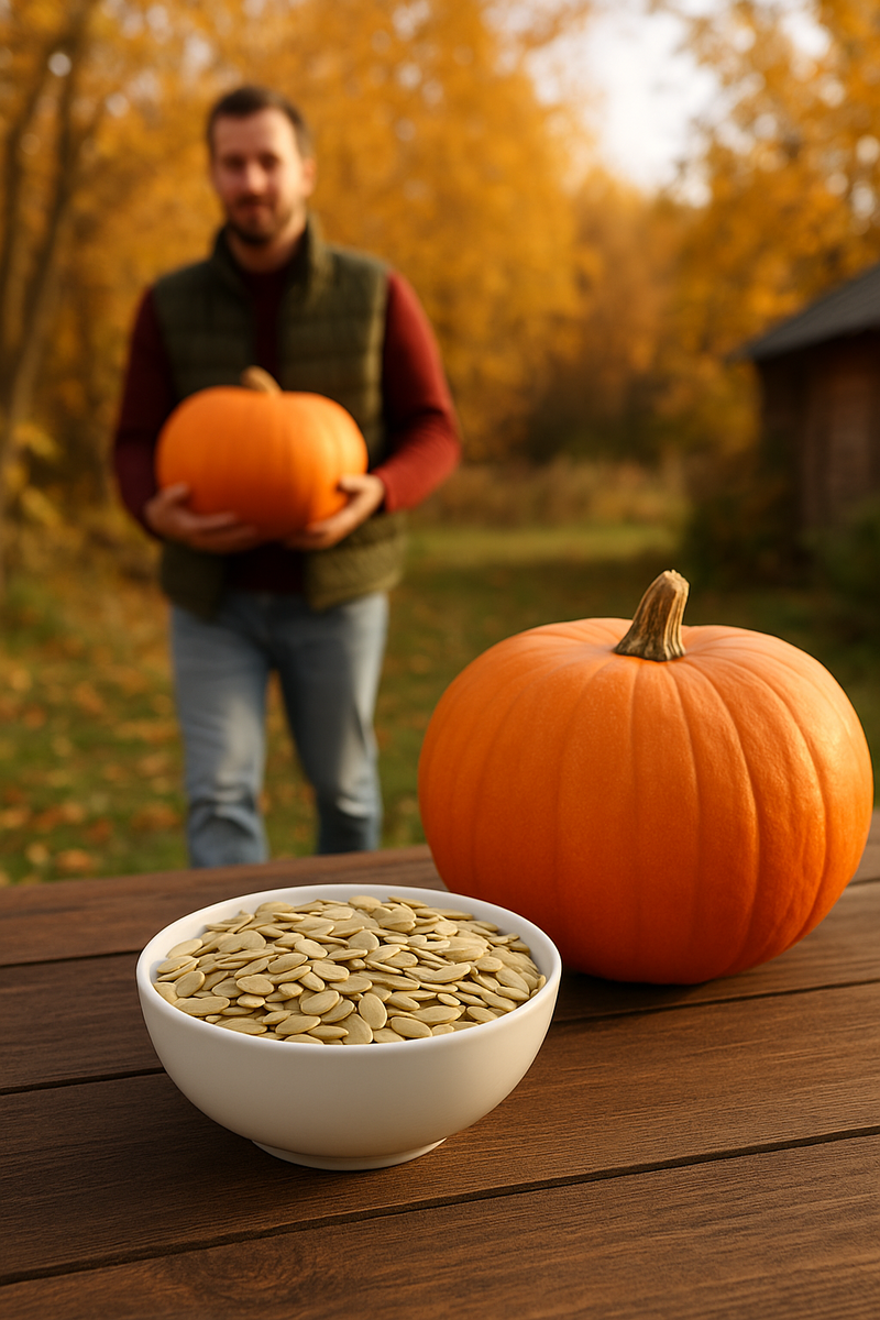 осенняя сцена на даче — на деревянном столе стоит белая миска с очищенными тыквенными семечками и большая тыква, на заднем плане мужчина несёт ещё одну тыкву, деревья в золотой листве