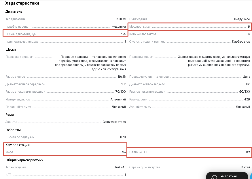 Характеристики Питбайка