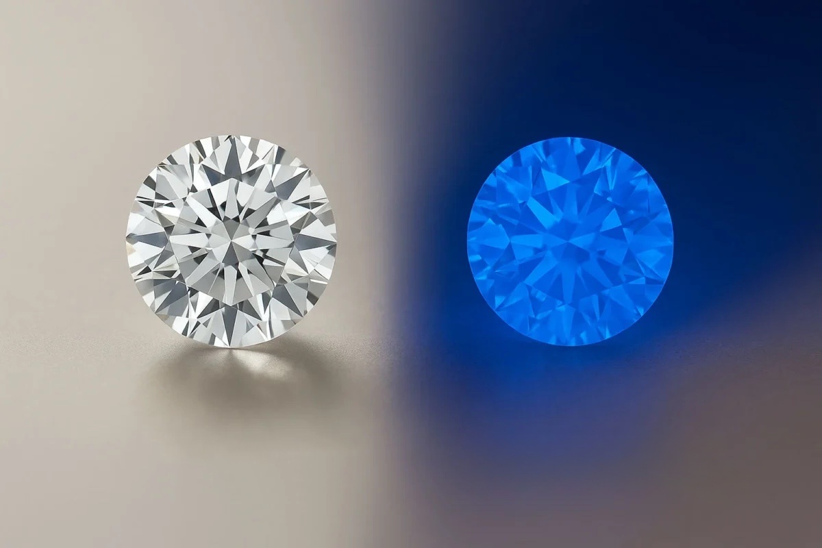 Слева бриллиант без флуоресценции, справа бриллиант с флуоресценцией