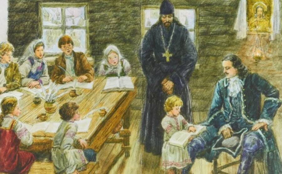 Петр1 посетил дом купца и лично побеседовал с женщинами. Фото (https://histrf.ru/read/articles/pochiemu-pietr-i-zaprieshchal-nieobrazovannym-zhienitsia).