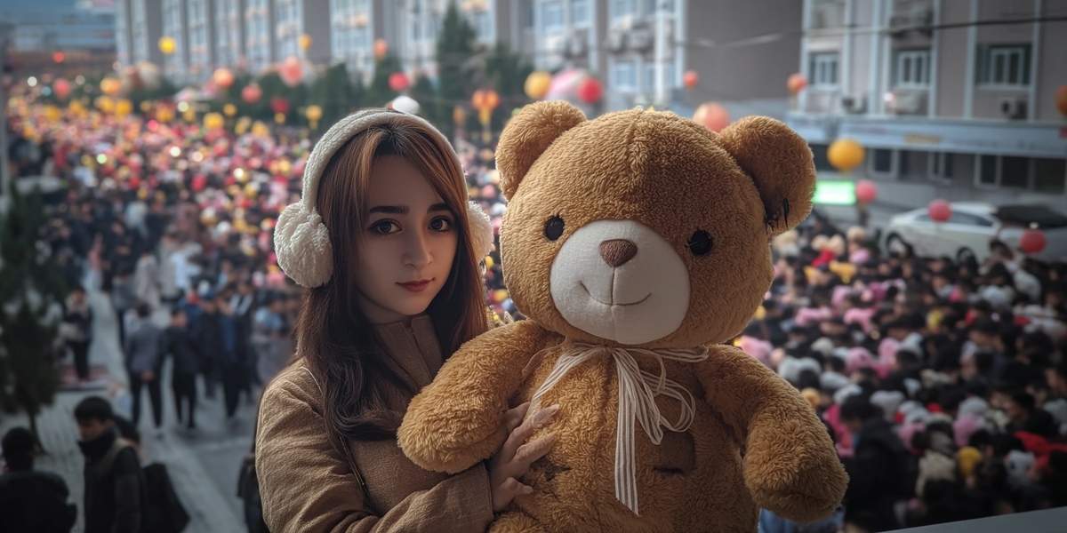 "Девушка с плюшевым медведем на фоне китайского праздника с фонариками и толпой людей — путешествие в Китай, культура и традиции"