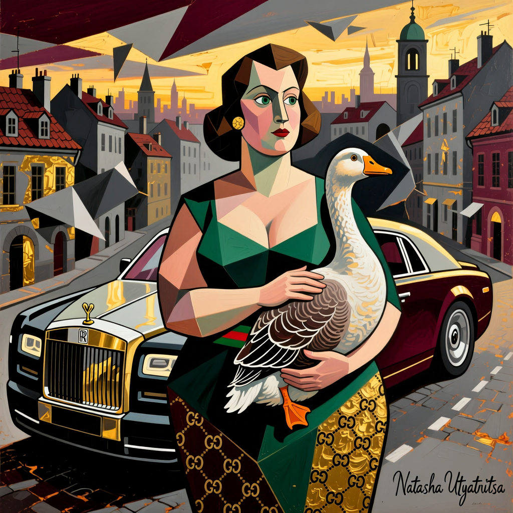 Утятница Наташа стоит перед своим Роллс-ройсом и ласково гладит селезня Борю