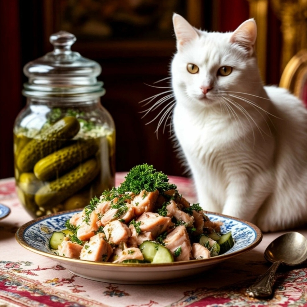 Крупновато для котика, но, думаю, справится. Грызу маринованный огурец, салат уже и делать неохота. 