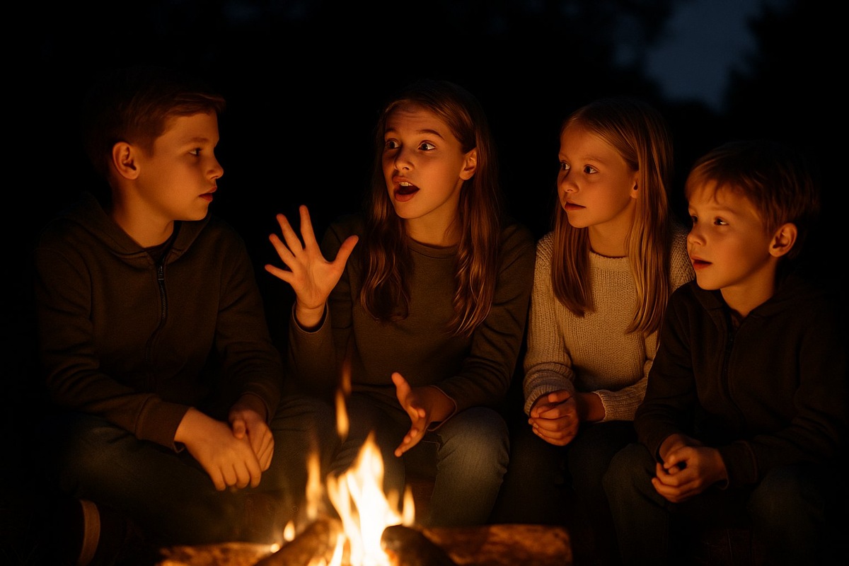 Дети расссказывают страшилки у костра