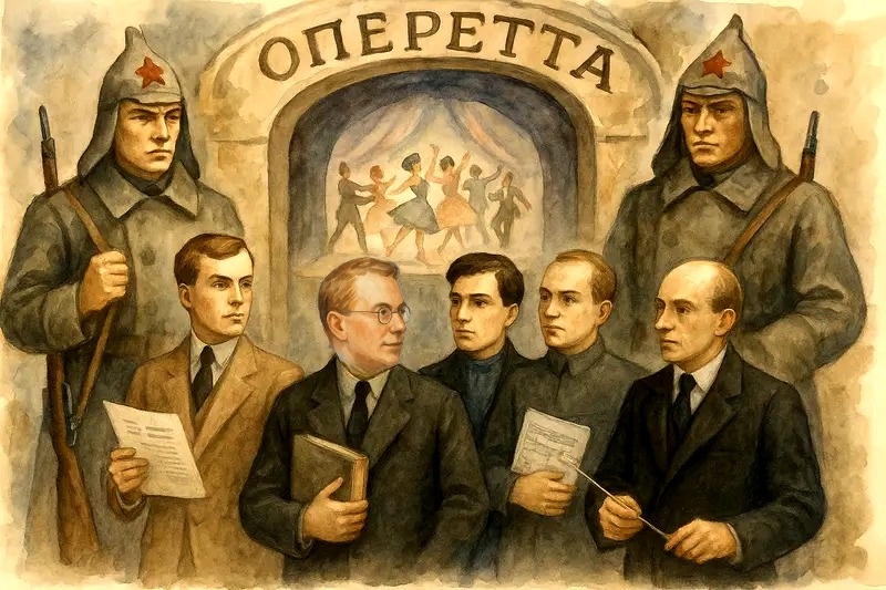 Конец 1920-х. Слева направо стоят в нижнем ряду: Геркен, Тимофеев, Эрдман, Митюшин, Дунаевский