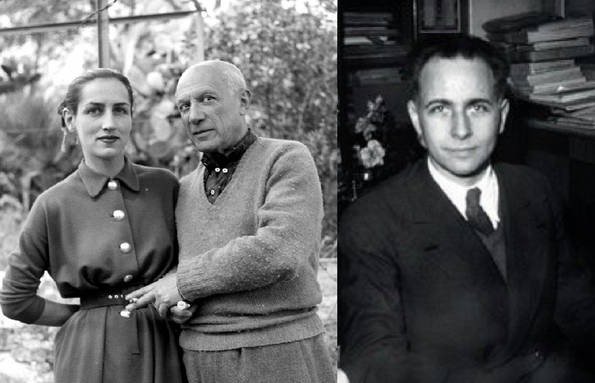Слева: Пабло Пикассо и Франсуаза Жила. Справа: Луи Арагон. 1950 год