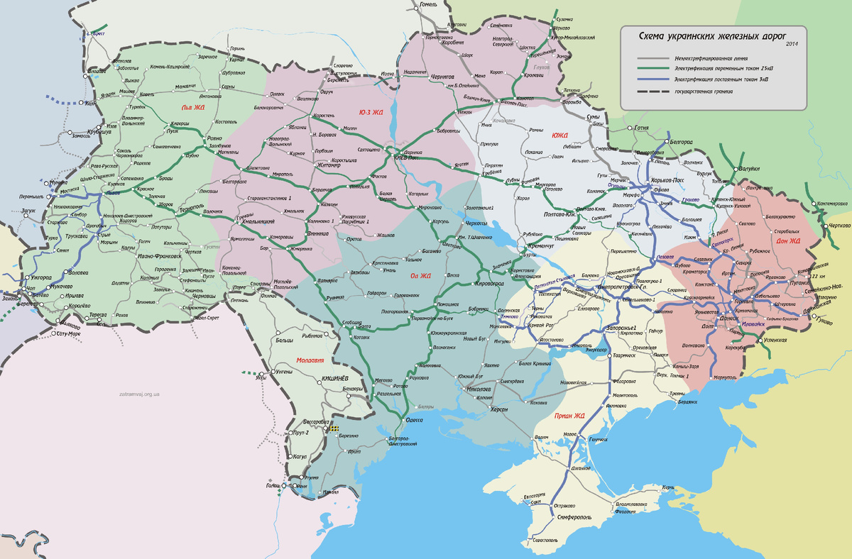 Зелёные линии – переменный ток 25 кВ, синие – постоянный 3 кВ