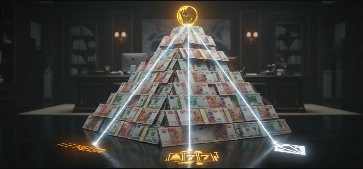 Визуализация созданная автором. Карта его империи. В основании — пирамида из реальных денег фанатов. На вершине — $MORI COIN, главный актив. А вся энергия этого актива питает три столпа его бизнеса: даркнет-площадку (Mega), игорную платформу (Казино) и элитный клуб (Лига). Это — полный цикл монетизации доверия.