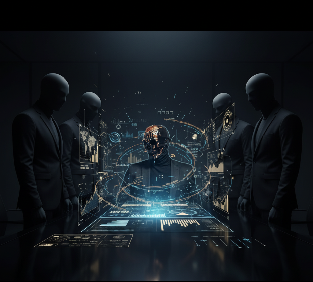 Визуализация созданная автором. Финальная сцена. Безликий совет директоров, рассматривающий свой самый успешный проект. Здесь "Профессор Мориарти" — не человек, а голографический актив, окруженный финансовыми графиками и данными. Это — настоящая власть. А он — лишь ее идеальный фасад.