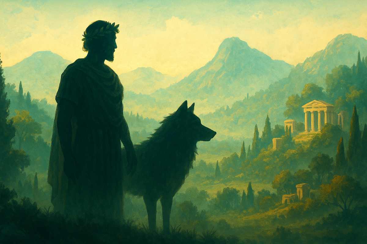 Аркадия в тумане: древнегреческие горы и леса, где человек и волк словно переплетаются в одном силуэте. Начало легенды о границе человеческого и звериного.