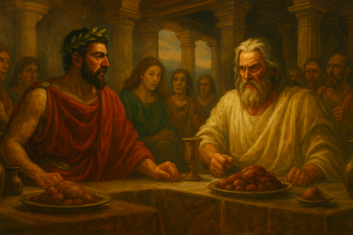 Пир царя Ликаона: гость-Зевс скрывает гнев, а блюда на столе превращают трапезу в испытание для людей и богов.