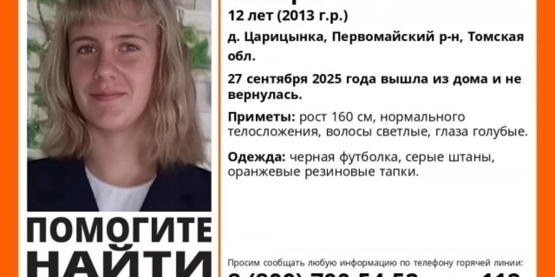 Девочка 12 лет пропала в деревне Царицынка