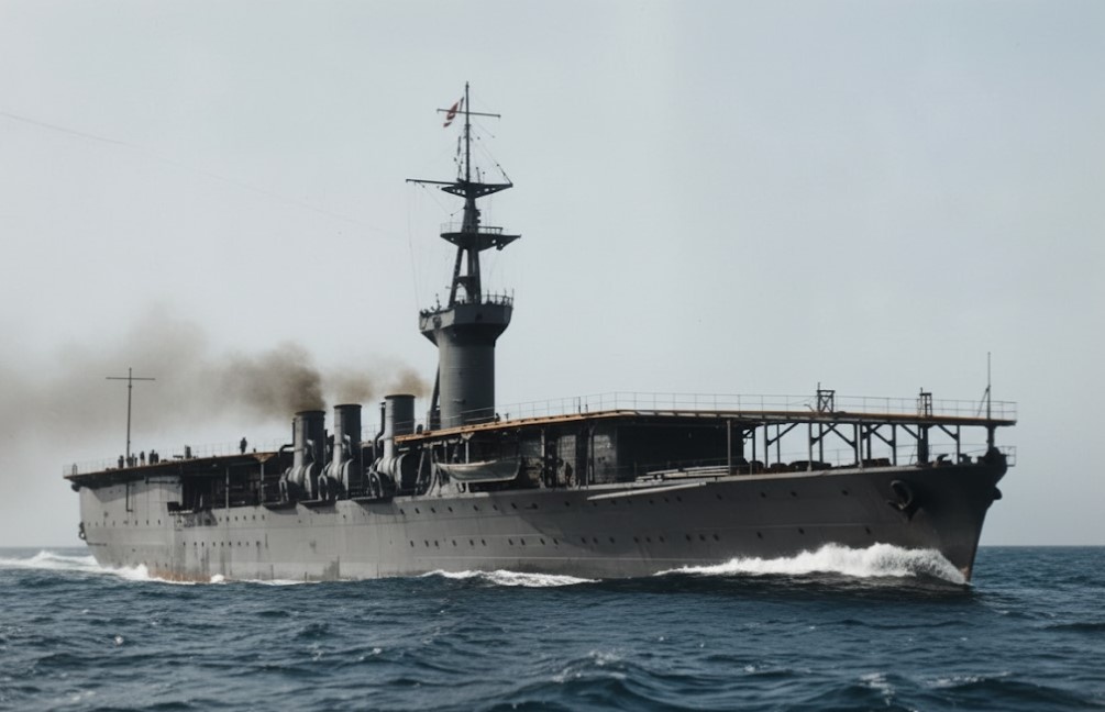 Авианосец Императорского японского флота «Хосё» на ходовых испытаниях на полном ходу у берегов Татэямы, Япония. Обратите внимание: на этом этапе он ещё сохранял островную надстройку на полётной палубе.