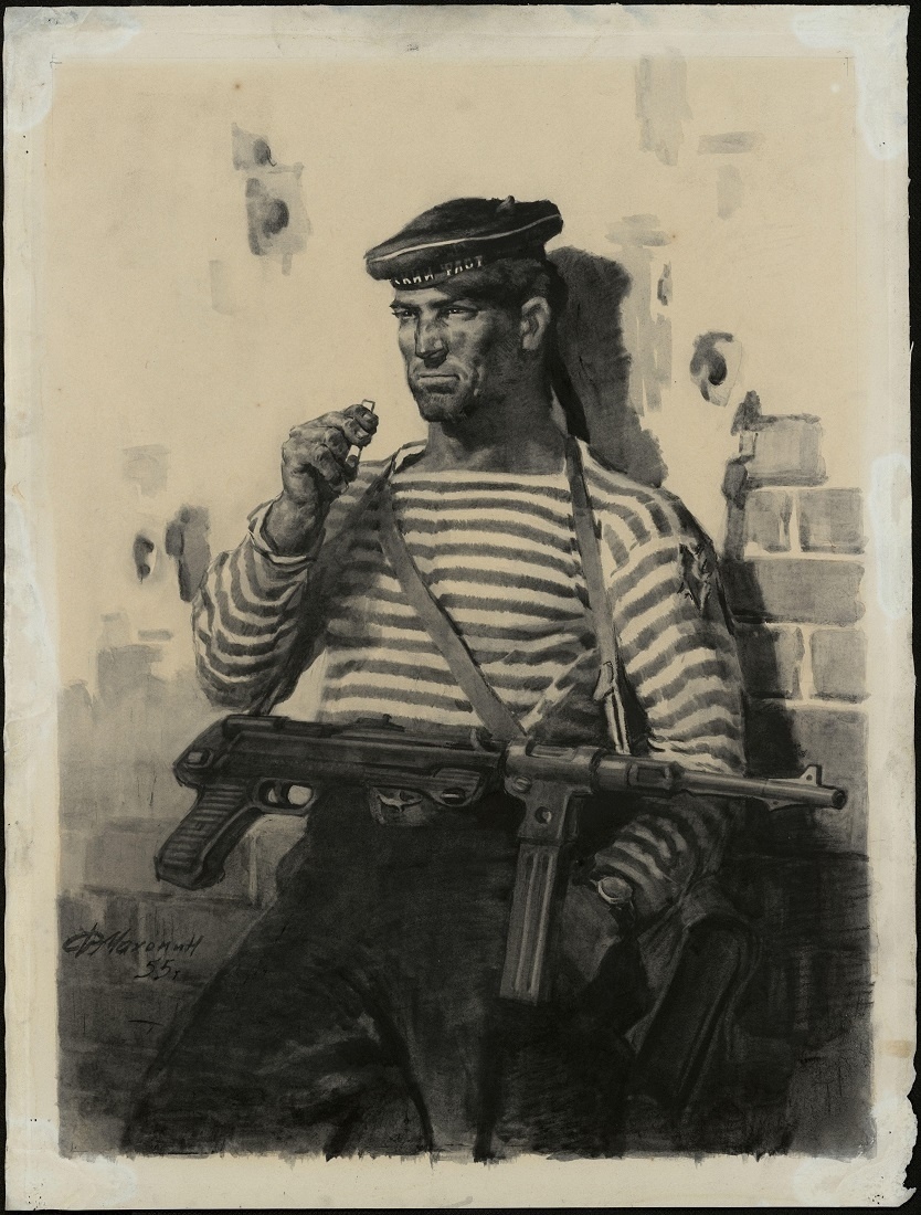 " Краснофлотец Чумак". Иллюстрация к произведению В. П. Некрасова " В окопах Сталинграда ". 1955 год. Автор Махонин Филипп Фёдорович.