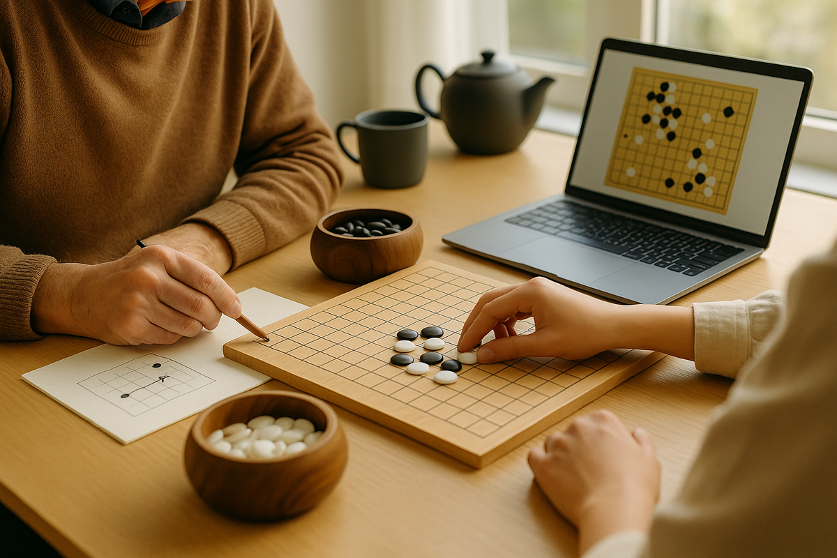 Краткое описание: тёплый домашний кадр обучения: на светлом деревянном столе — доска 19×19, открытые чаши с камнями и ноутбук с учебной диаграммой. Рука ученика кладёт белый камень, наставник карандашом показывает «атари» на листке. Атмосфера спокойная и сосредоточенная — сочетание теории и практики, как в курсе Online-Go.