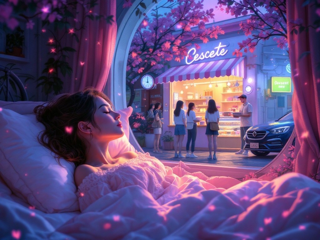    К чему такое снится: На картине изображена группа девушек, стоящих у витрины магазина с десертами, смотрящих на прилавок. Возле магазина остановилась машина для доставки, из которой курь