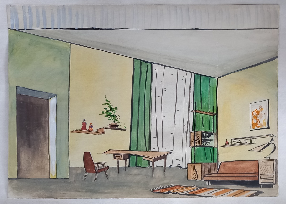 1961 г.. Художник Н. А. Блинов. Эскиз декорации к спектаклю "Эврика". Бумага, гуашь, тушь, размер 30х42 см. Из архива автора.