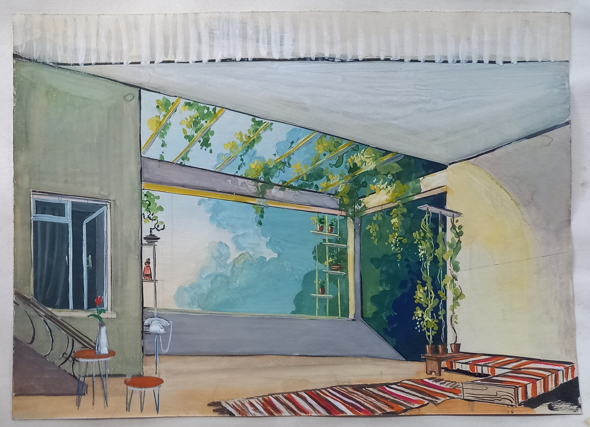 1961 г.. Художник Н. А. Блинов. Эскиз декорации к спектаклю "Эврика". Бумага, гуашь, тушь, размер 30х42 см. Из архива автора.