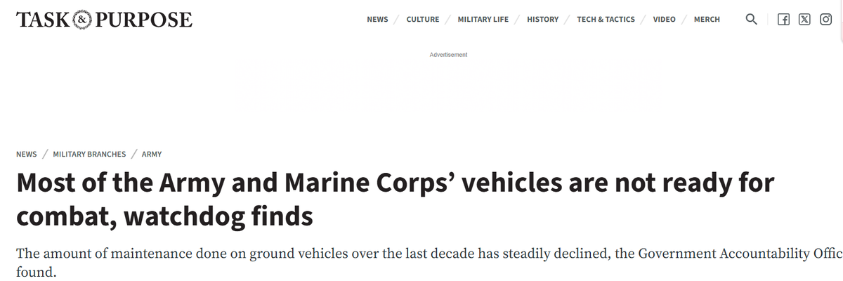 По данным надзорного органа, большинство транспортных средств армии и корпуса морской пехоты не готовы к бою.
По данным Счетной палаты, объем технического обслуживания наземного транспорта за последнее десятилетие неуклонно сокращался