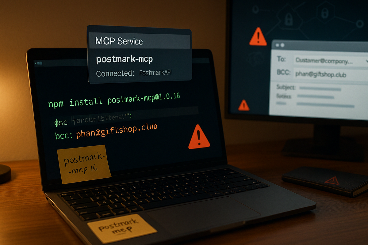 Краткое описание: «редакционный» ночной кадр из офиса безопасности. На ноутбуке — проект Node.js с командой npm install postmark-mcp@1.0.16, рядом в коде подсвечена строчка bcc: phan@giftshop.club. На втором мониторе — панель «MCP Service: postmark-mcp» и предупреждения, подчёркивающие тихую пересылку писем. Атмосфера тревожная: утечка маскируется под обычную интеграцию.