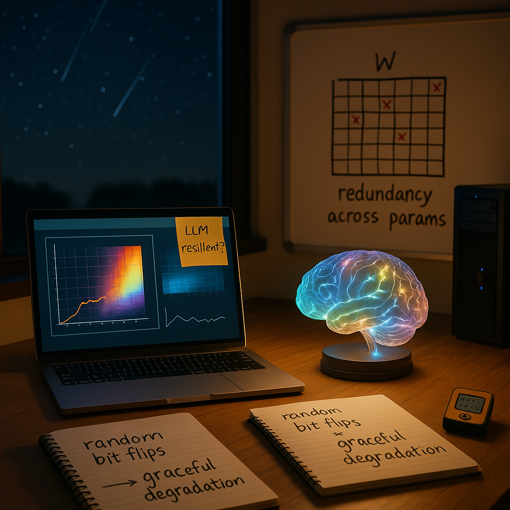 Краткое описание: ночной кадр лаборатории ИИ. На столе — ноутбук с тепловой картой весов и графиком, светящаяся модель мозга и блокнот с надписью «random bit flips → graceful degradation». На доске — матрица W с несколькими красными крестиками и подпись «redundancy across params». Через окно видны «космические лучи» — отсылка к случайным сбоям. Атмосфера — спокойная, исследовательская, про устойчивость LLM.